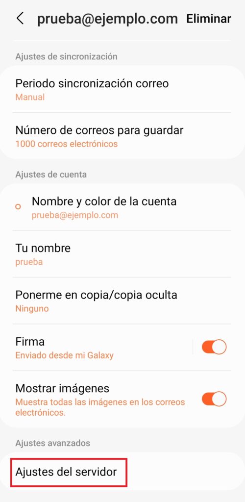 Ajustes de la cuenta de correo electrónico