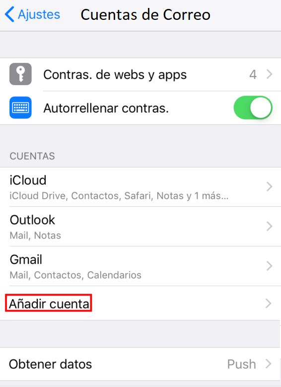 Añadir nueva cuenta en iphone