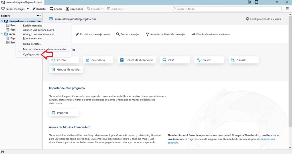 Cambiar la configuración de una cuenta en Thunderbird Cambiar la configuración de una cuenta en Thunderbird