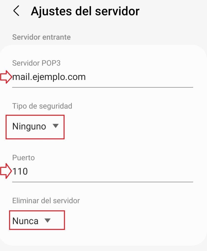 Configuración Servidor entrante POP