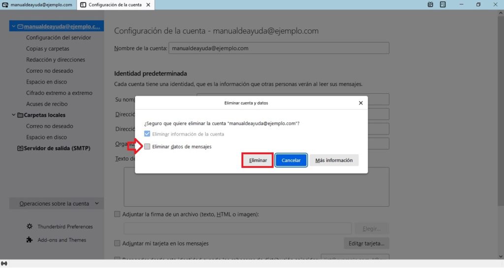 Confirmar eliminación de la cuenta en Thunderbird Confirmar eliminación de la cuenta en Thunderbird