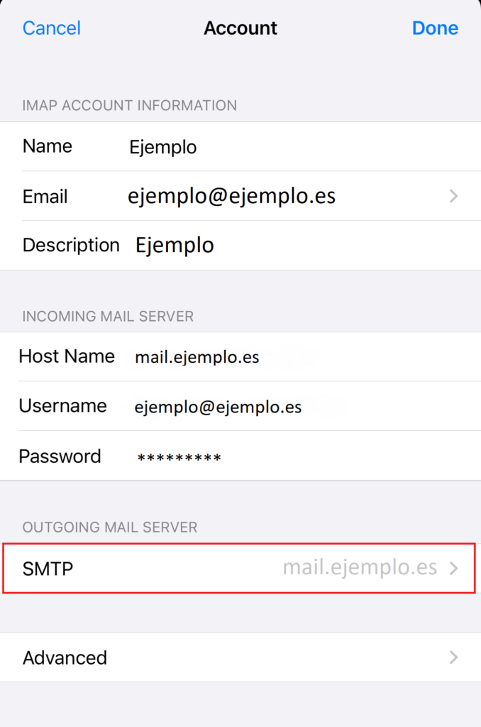 Editar configuración cuenta iPhone SMTP Editar configuración cuenta iPhone SMTP