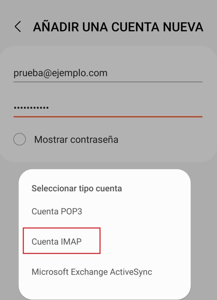 Elegir tipo de Cuenta IMAP