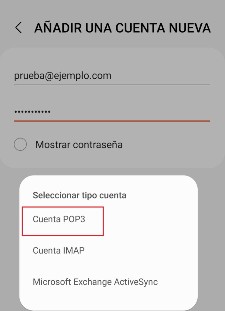 Elegir tipo de Cuenta POP