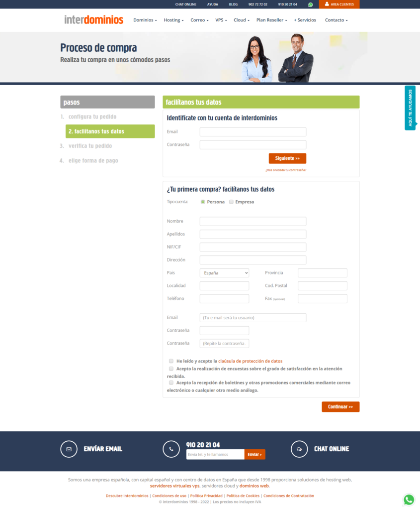 Identificarse como cliente o registrarse con Interdominios