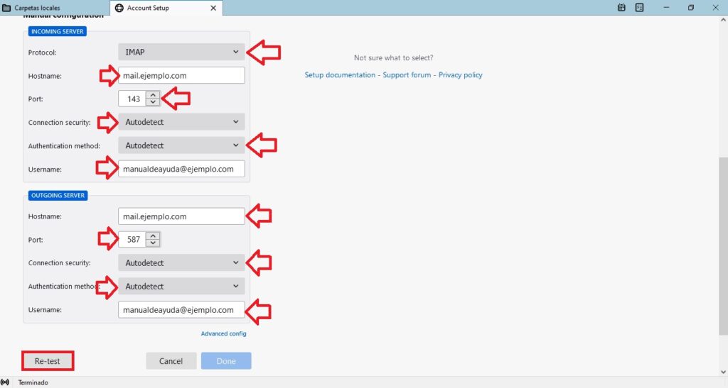 Rellenar los datos de configuración IMAP Rellenar los datos de configuración IMAP