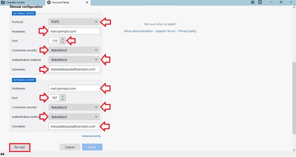Rellenar los datos de configuración en POP Rellenar los datos de configuración en POP