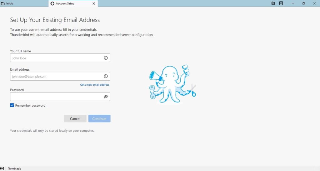 Rellenar los datos de la nueva cuenta en Thunderbird Rellenar los datos de la nueva cuenta en Thunderbird