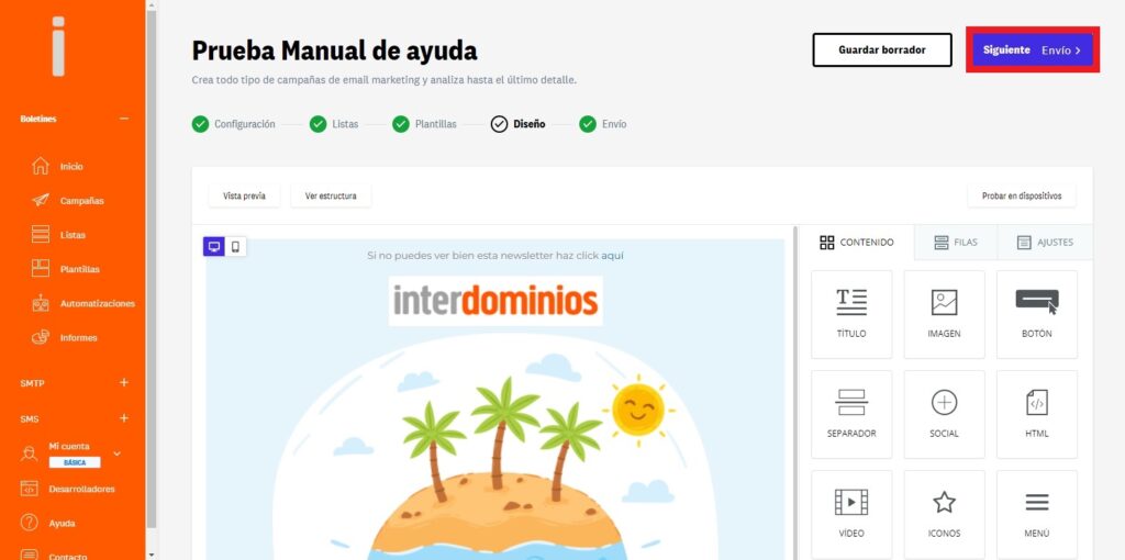 Seleccionamos envio de esta plantilla de Mailing