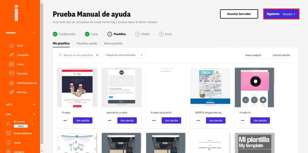 Seleccionamos la plantilla que deseamos que tenga nuestro mailing