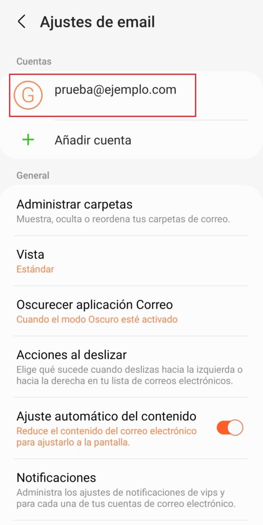 Seleccionar cuenta de correo a modificar datos