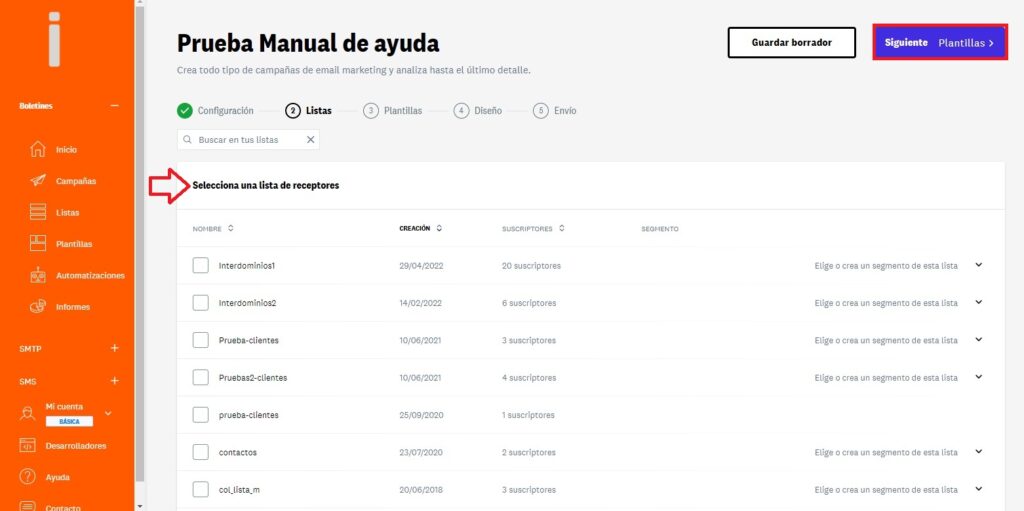 Seleccionar lista para el Mailing