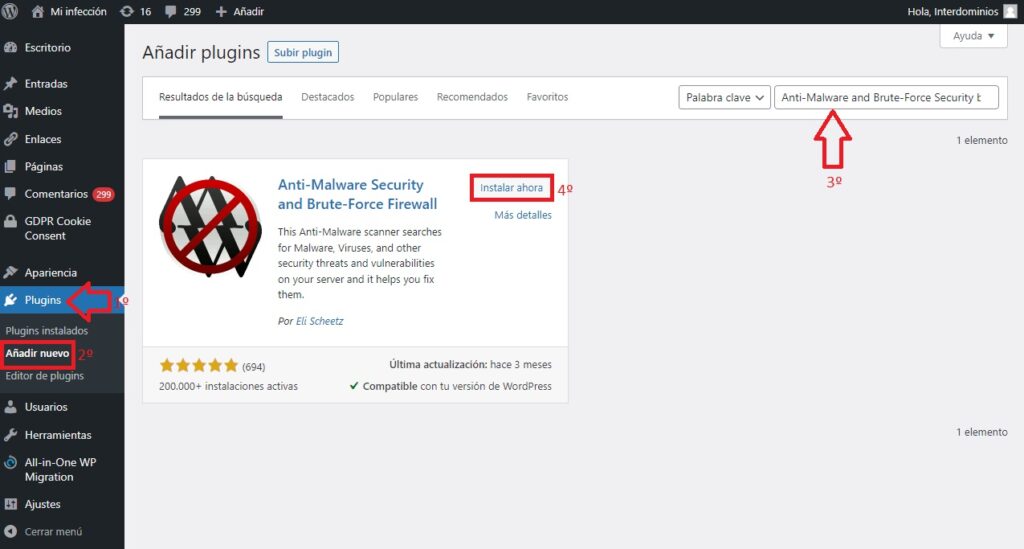 Buscar e Instalar plugin limpieza wordpress