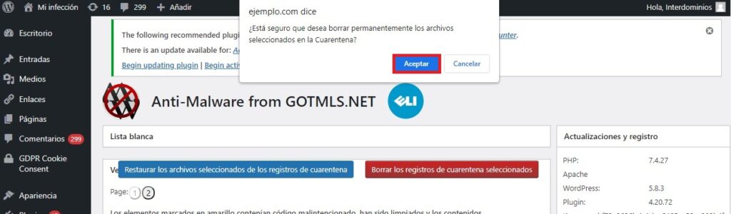 Confirmar eliminacion ficheros cuarentena