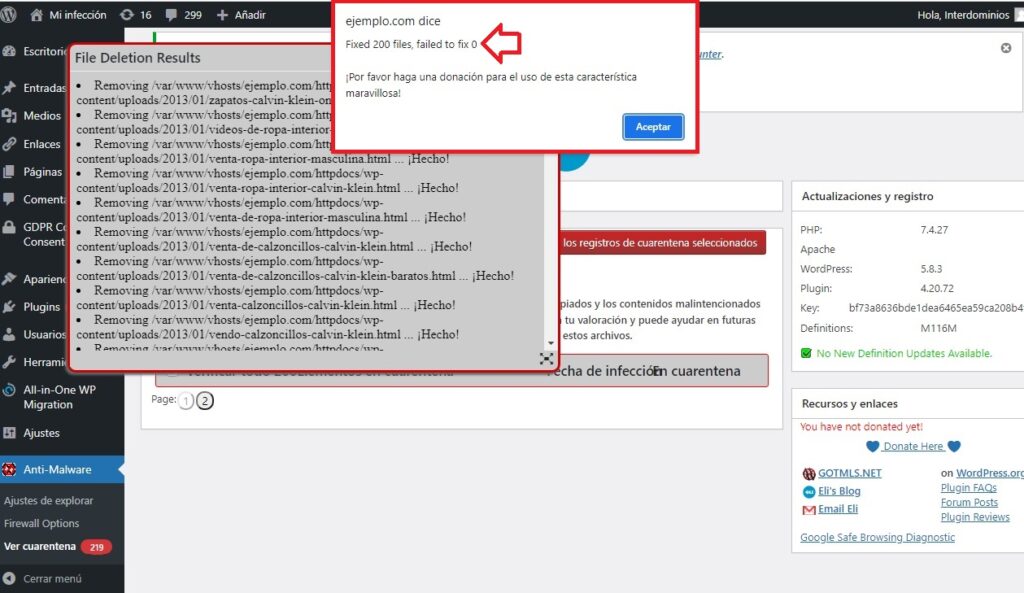 Cuarentena vaciada correctamente