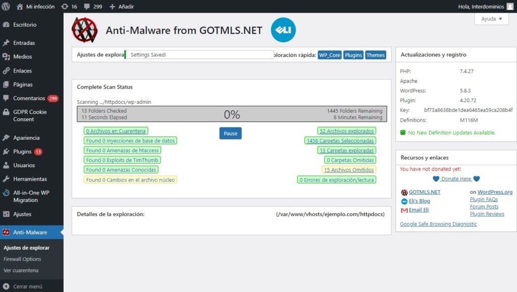 Empieza el escaneo de WordPress