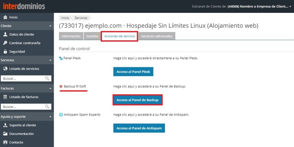 Acceso al panel de backup desde la Extranet