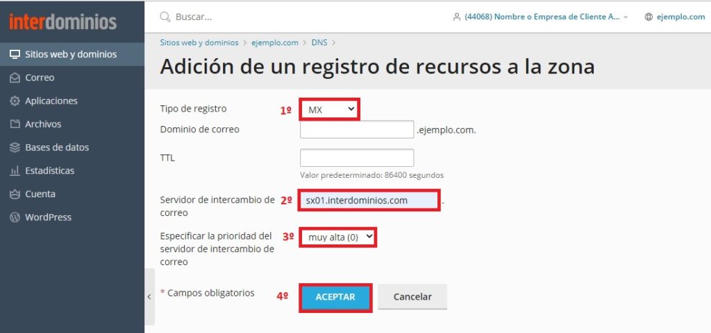 Configurar nuevo registro zona dns