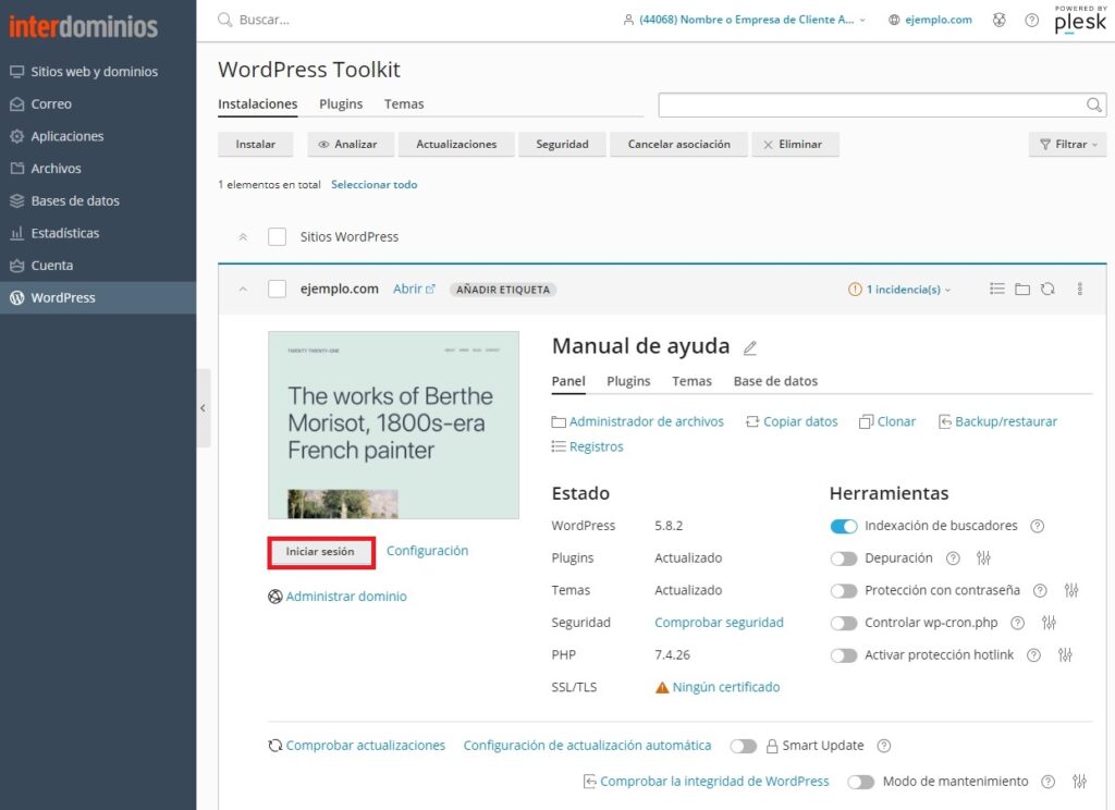 Acceder al wordpress desde WordPress Toolkit