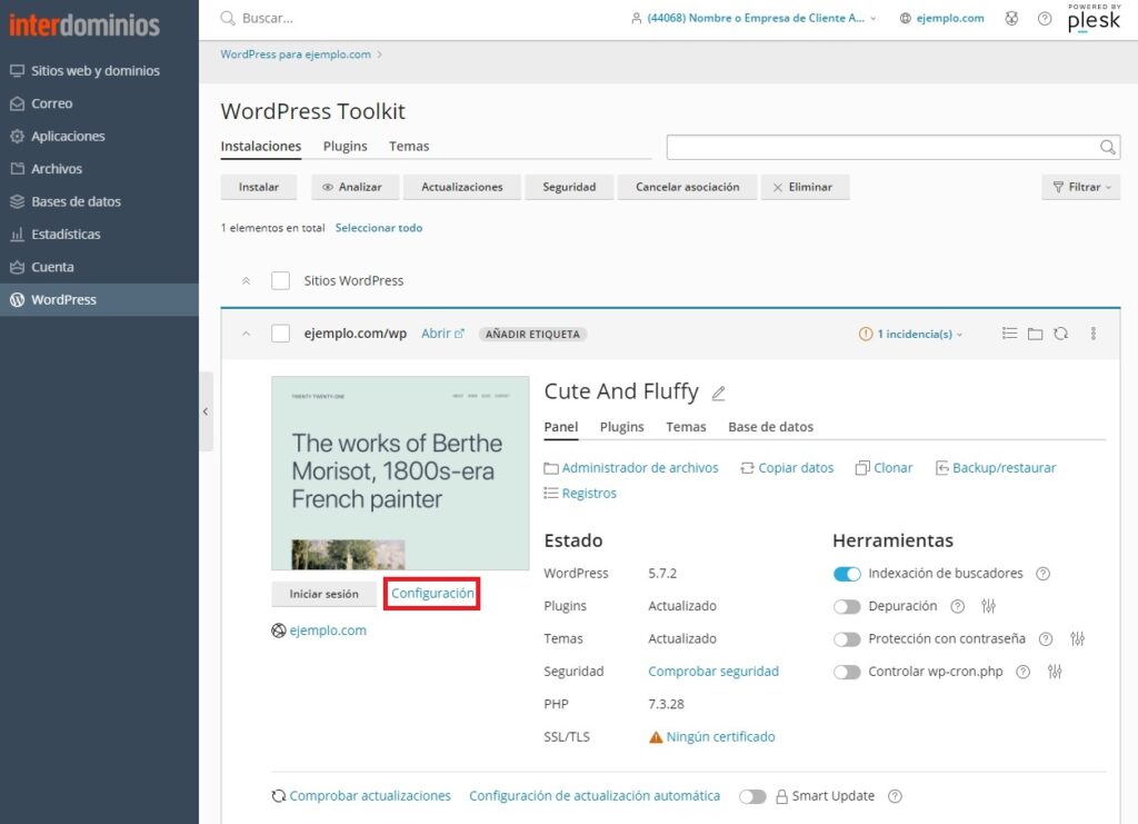Configuración de acceso al wordpress