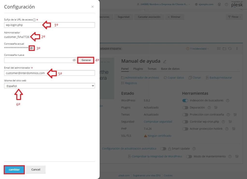 Modificar datos de acceso del wordpress