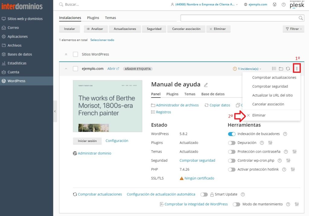 Seleccionar el wordpress para borrar