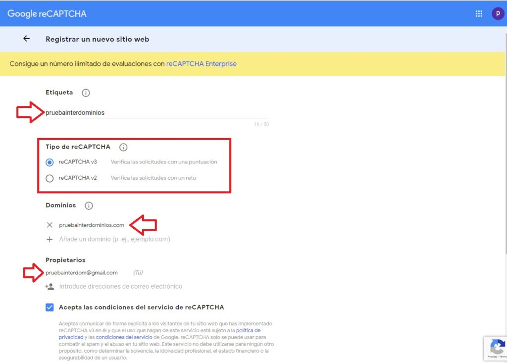 Añadir nuevo dominio al recaptcha