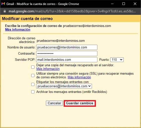 Editar configuracion servidor entrada POP3