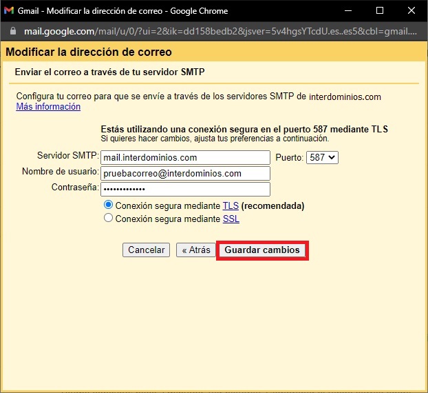 Editar configuración servidor salida SMTP Editar configuración servidor salida SMTP