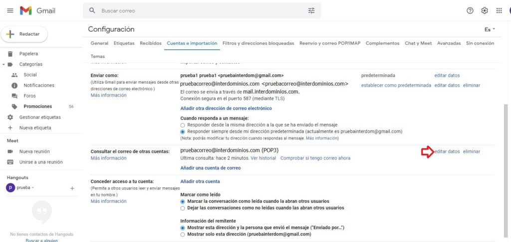 Editar servidor entrada POP Gmail