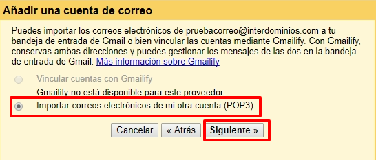 Elegimos la opción pop3 Elegimos la opción pop3