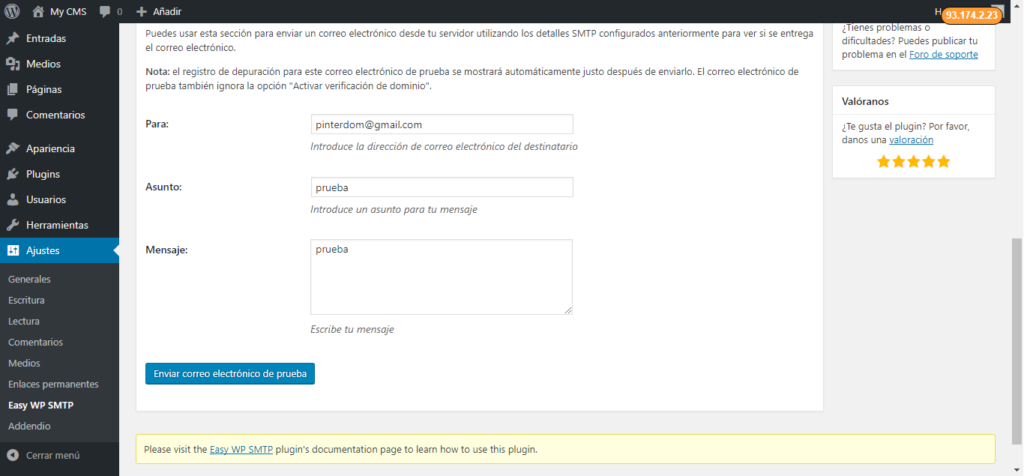 Prueba de funcionamiento del plugin