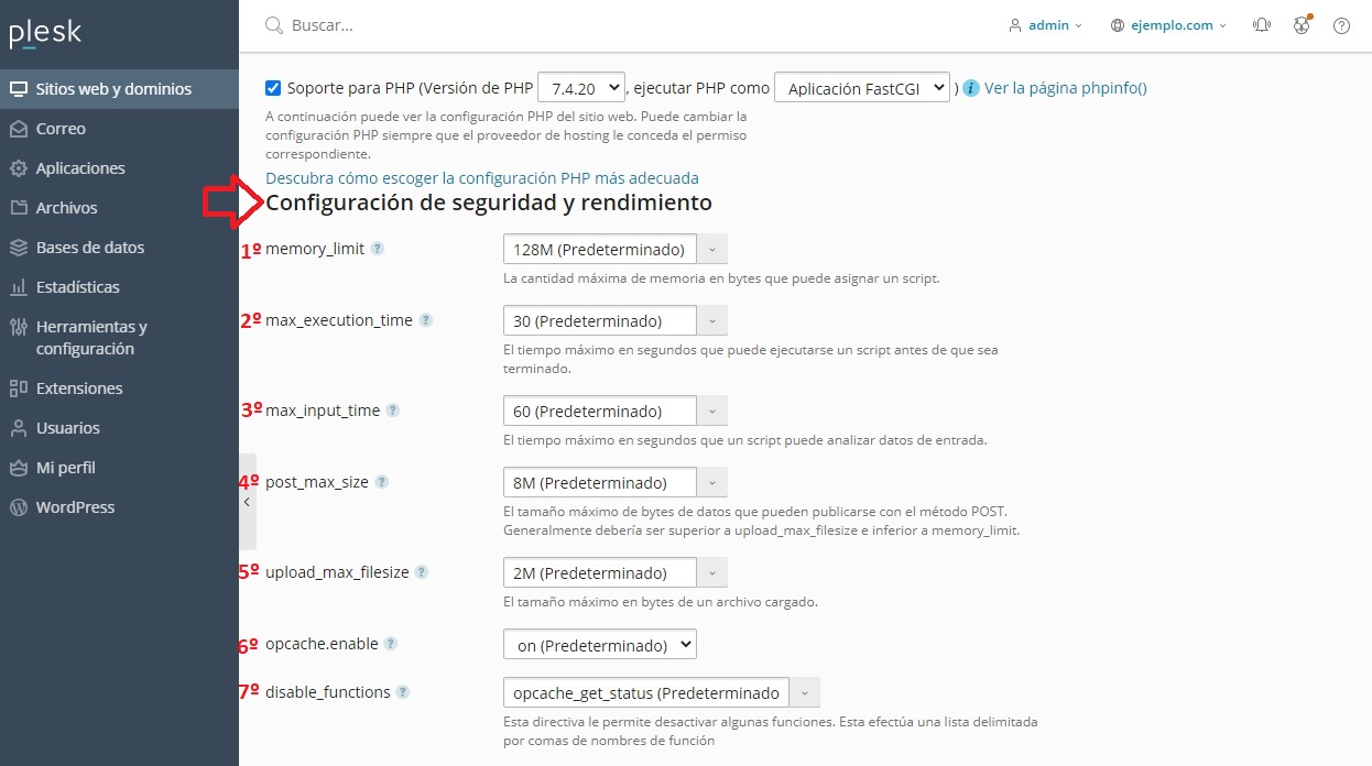 Modificar variables de Seguridad y rendimiento Modificar variables de Seguridad y rendimiento