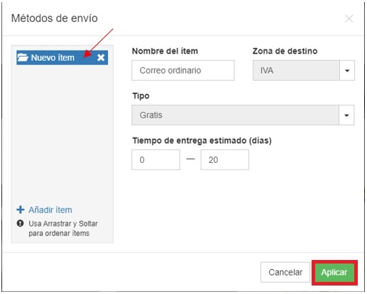 Tipo de envió de nuestra tienda