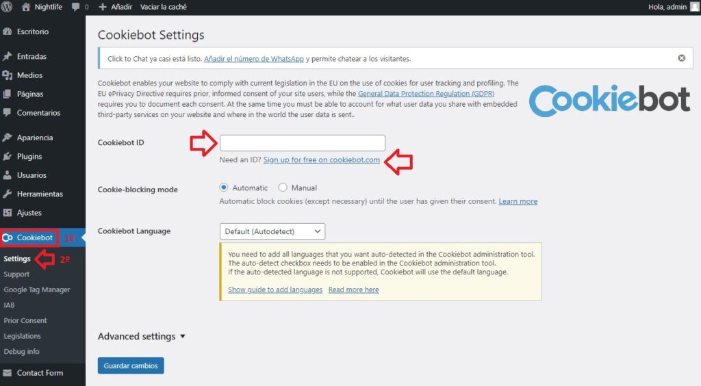 Acceder al plugin Cookiebot