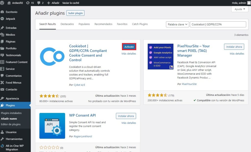 Activar plugin Cookiebot