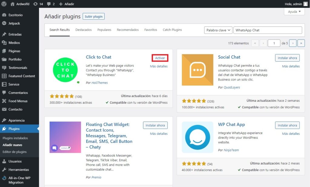 Activar plugin WhatsApp