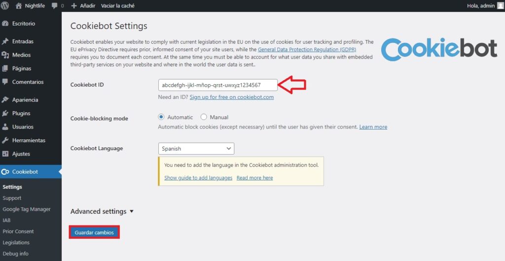 Añadir Cookiebot ID en mi wordpress