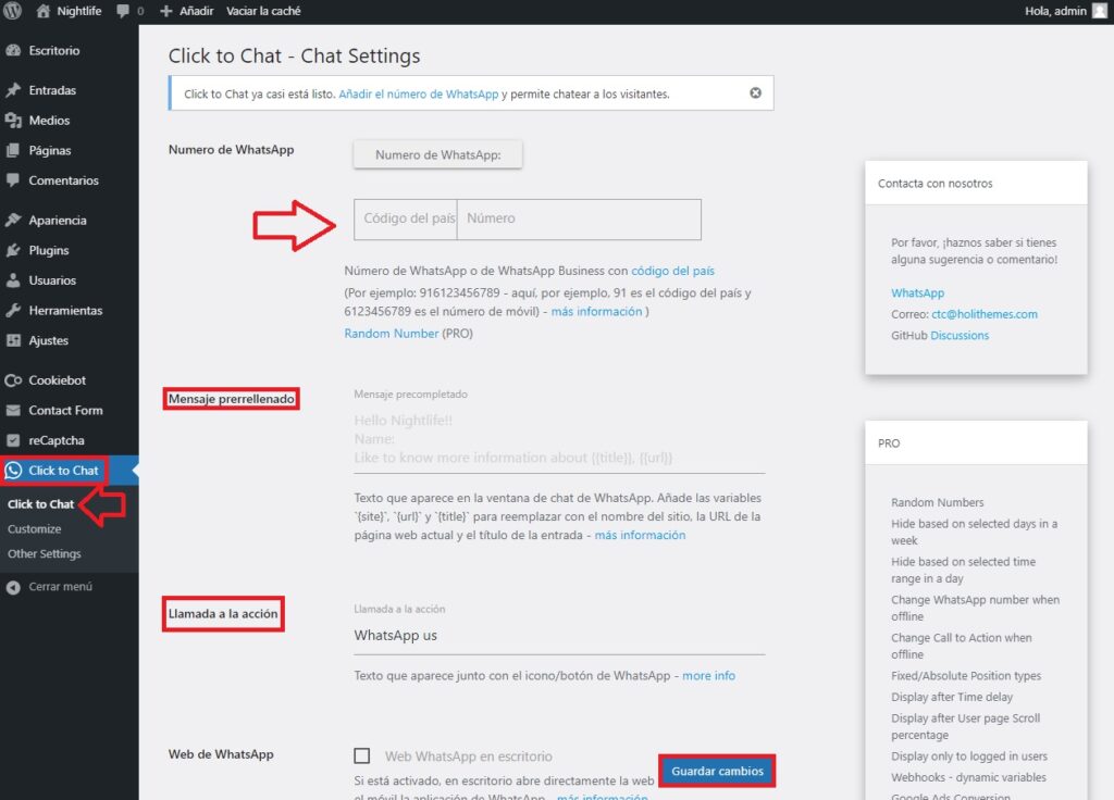 Configurar plugin Clic to chat
