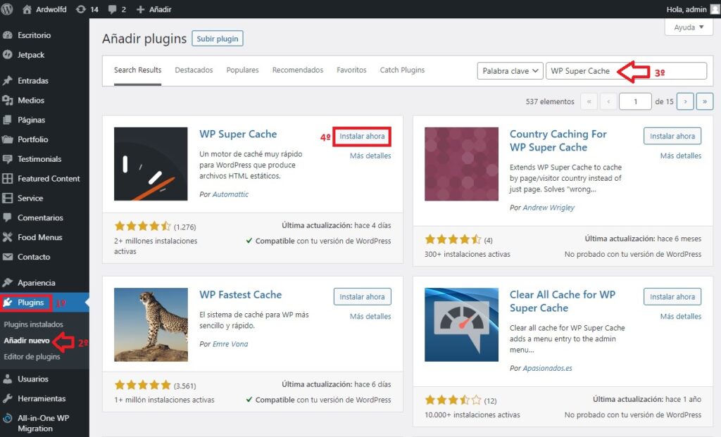 Instalar WP super cache
