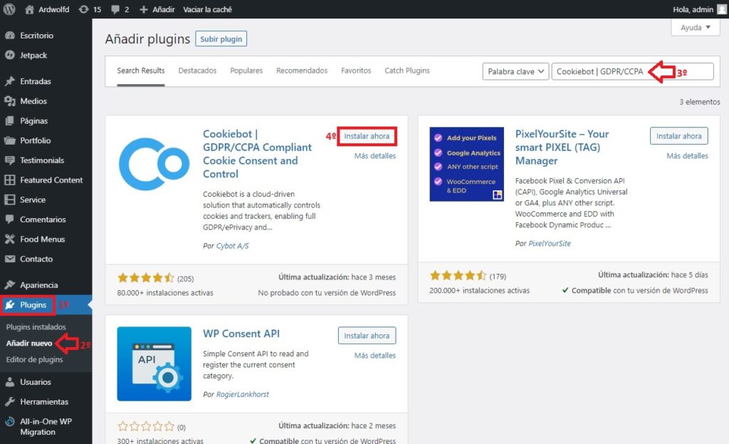 Instalar plugin Cookiebot