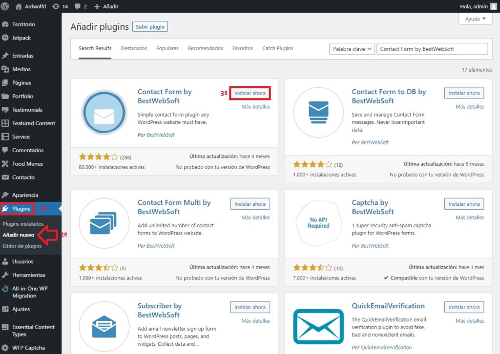 Instalar plugin contact form