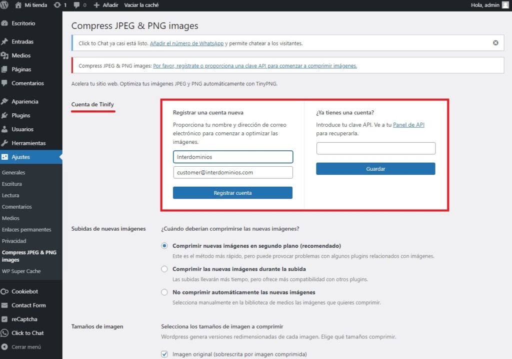 Rellenar datos del plugin compress