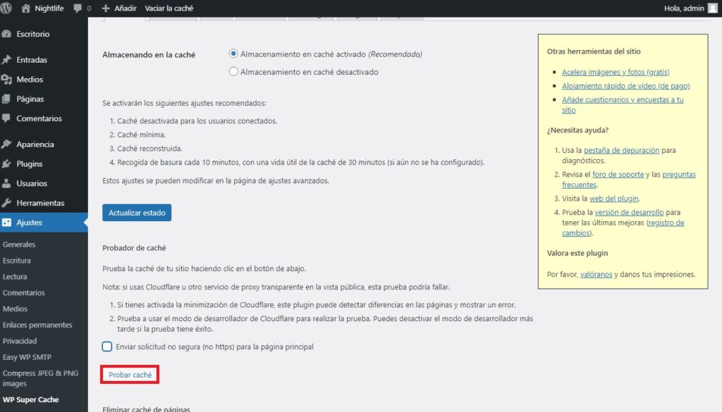 Probar WP Super Cache