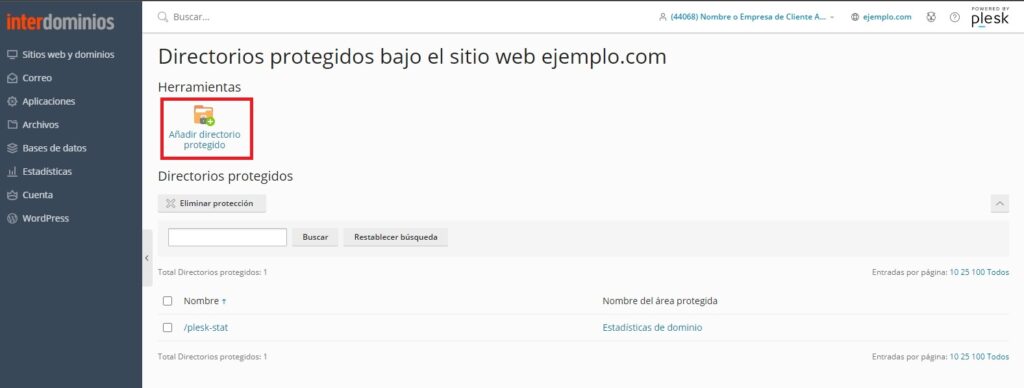 Añadir nuevo directorio protegido Añadir nuevo directorio protegido