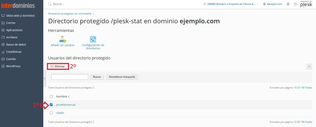 Eliminar usuario directorio protegidos Eliminar usuario directorio protegidos