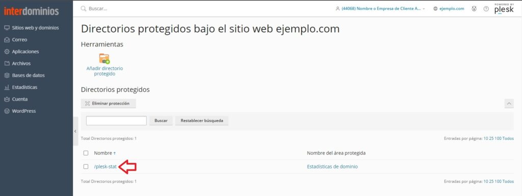Listado de directorios protegidos Listado de directorios protegidos