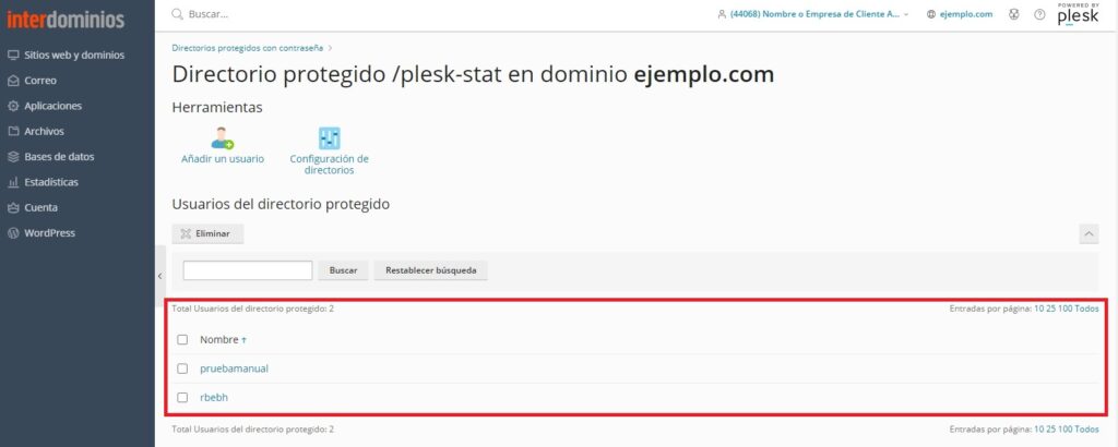 Listado de usuarios que tiene el directorio protegido Listado de usuarios que tiene el directorio protegido