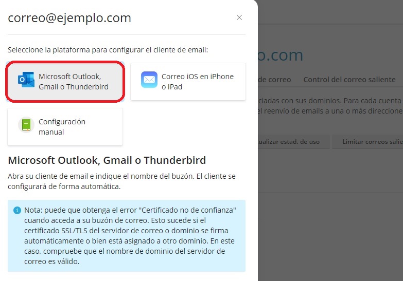 Configuración con Outlook, Gmail o Thunderbird Configuración con Outlook, Gmail o Thunderbird