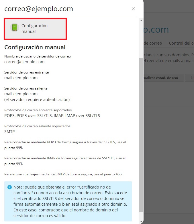 Configuración manual de la cuenta de correo
